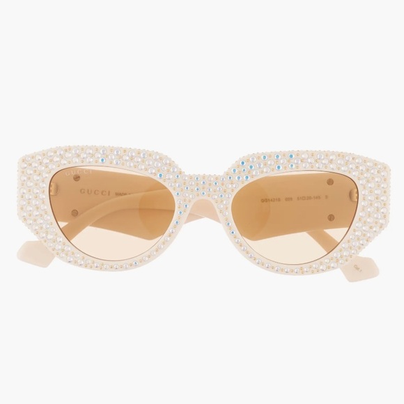 Gucci Cream Pearl & Crystal Cat-Eye Sunglasses with Brown Lenses